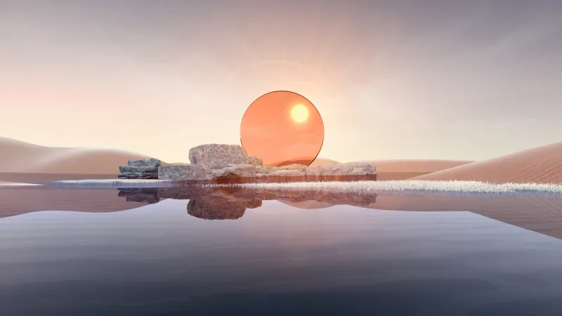 Orange glass disc at sunset, Desert lake, Surreal, 5K wallpaper