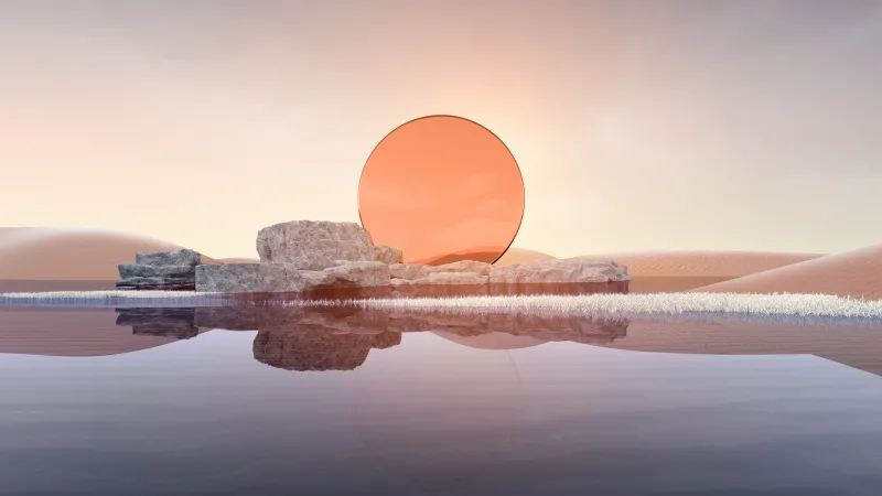 Peach glass circle wallpaper, Calm water, Surreal desert