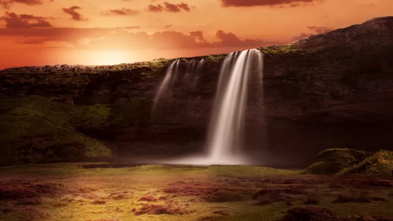 Waterfalls, Sunrise, Orange sky, Clouds, Grass Landscape, Rock, 5K