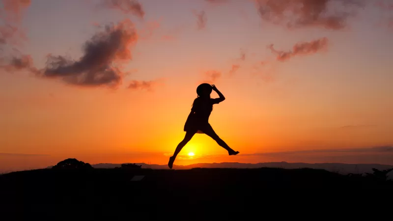 Sunrise, Silhouette, Woman, Jumping, Girl, Clouds, Happy Mood, 5K