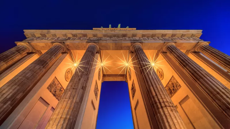 Brandenburg Gate, Berlin, Germany, Low Angle Photography, Lights, Night, Blue Sky, Arch
