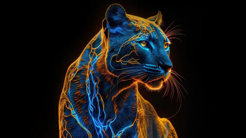 Black Panther, AI art, Neon panther wallpaper, Big cat, Black background, 4K wallpaper