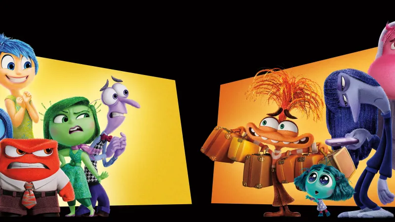Inside Out 2, Ultrawide 8K wallpaper, Movie poster, Animation movies, Pixar movies, 2024 Movies, Joy (Inside Out), Sadness (Inside Out), Anger (Inside Out), Fear (Inside Out), Disgust (Inside Out), Anxiety (Inside Out), 5K, Black background