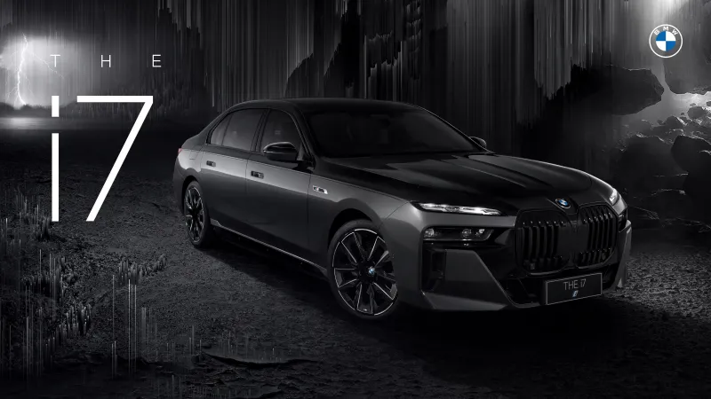 BMW i7 wallpaper, The i7, Electric luxury sedan, Black, Dark landscape, 5K wallpaper