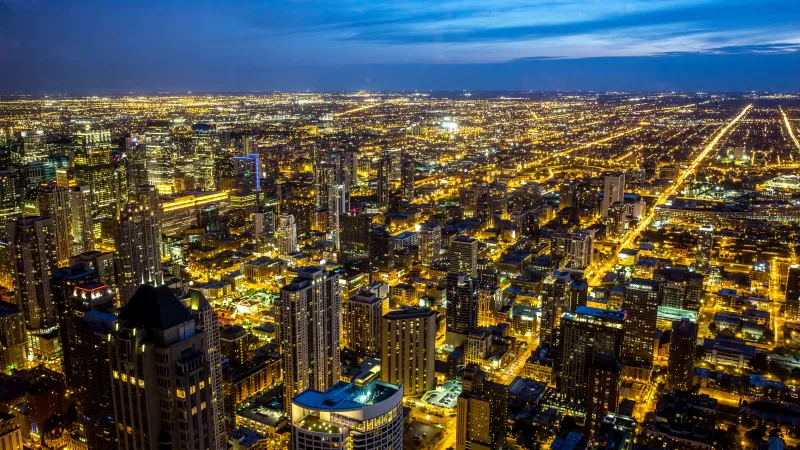 Chicago, Illinois, City Skyline, Night, Cityscape, Blue Sky, Night lights, Buildings, Skyscrapers, 5K