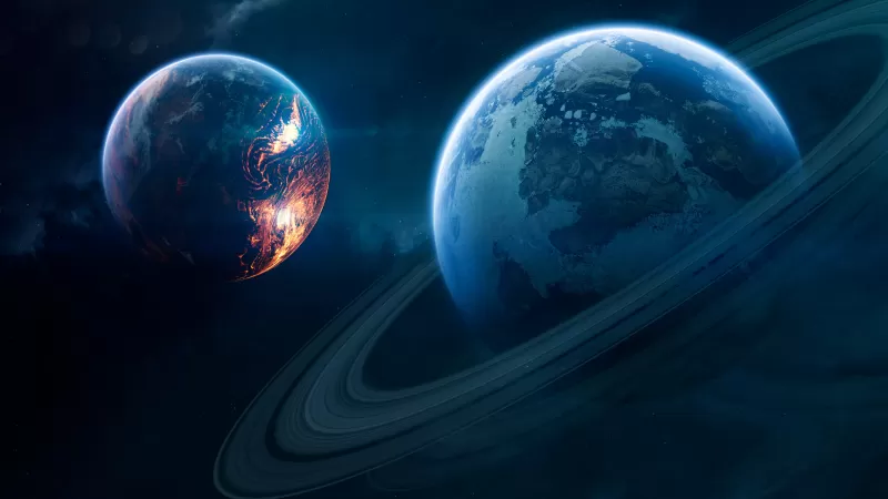 Ringed blue planet, Red planet, Space art, 4K wallpaper