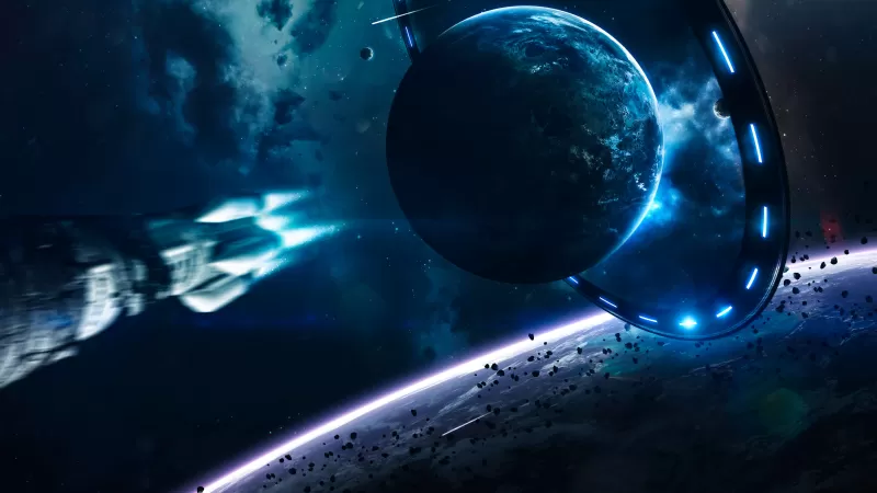 Space gateway wallpaper, Spaceship, Blue planet