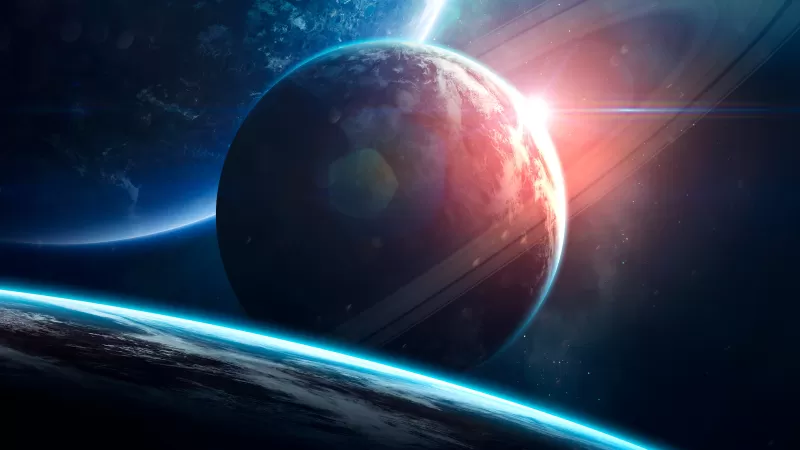 Planet with rings wallpaper, Sun flare, Space horizon
