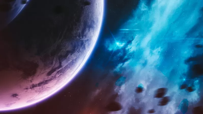 Purple planet, Blue nebula, Asteroids, 4K wallpaper