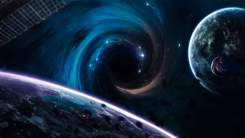 Black hole, Planets, Horizon, Asteroids, Stars, Spirals, Earth, Blue, Purple