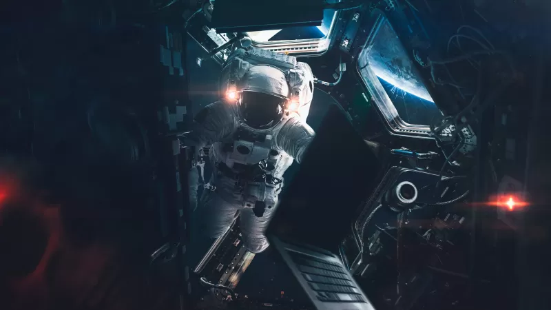 Astronaut, Space station, Laptop, Sci-Fi, Space suit, Lights