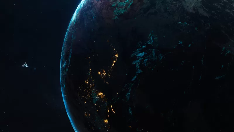 Earth-like planet wallpaper, City lights, Spaceship