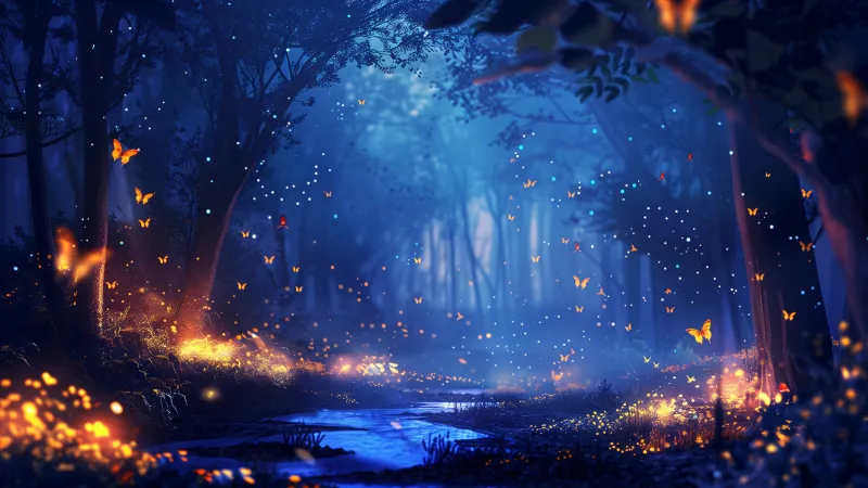 Enchanted forest at night, Glowing butterflies, Fairy lights, 8K wallpaper