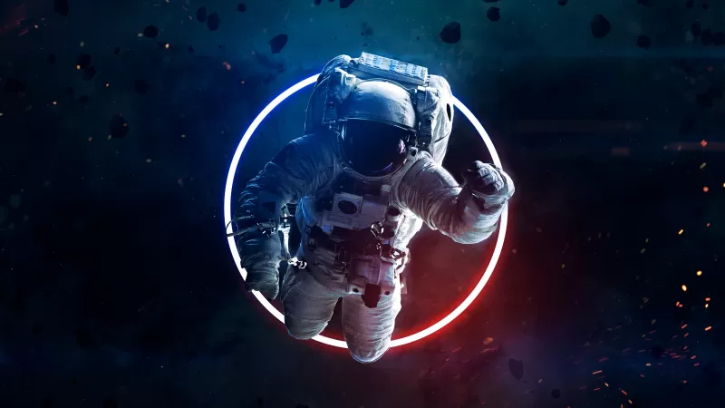 Astronaut, Asteroids, Space suit, Neon light, Space Travel, Space Adventure