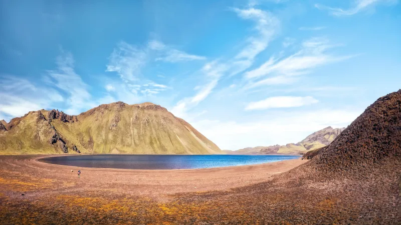 Landmannalaugar lake, Iceland, Volcanic hills, 8K wallpaper