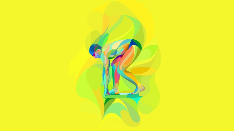Swimmer illustration, Yellow background, Colorful art, 8K wallpaper