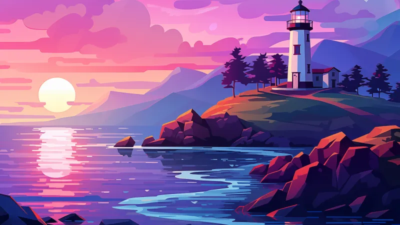 Vibrant, Landscape, Sunrise, Aesthetic, Colorful, Pink sky, Lighthouse, Sunset, Illustration, 5K wallpaper