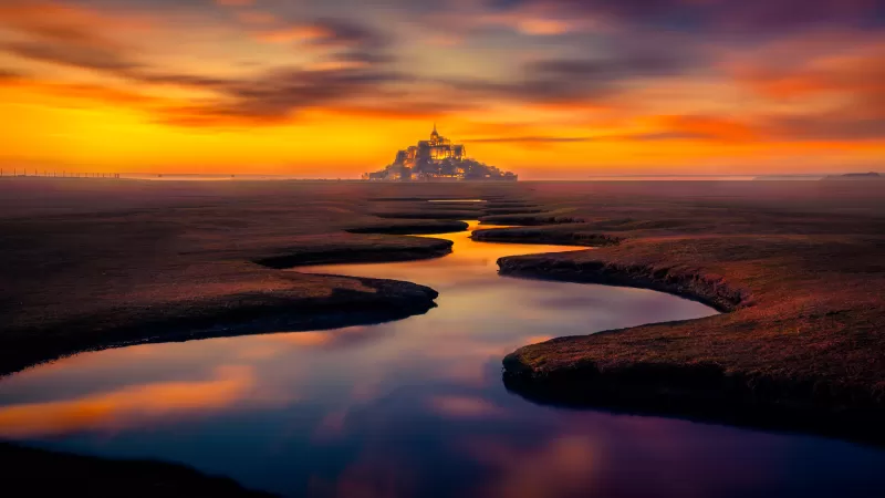 Mont Saint-Michel, Landscape, Island, River, Castle, Normandy, France, Sunset Orange