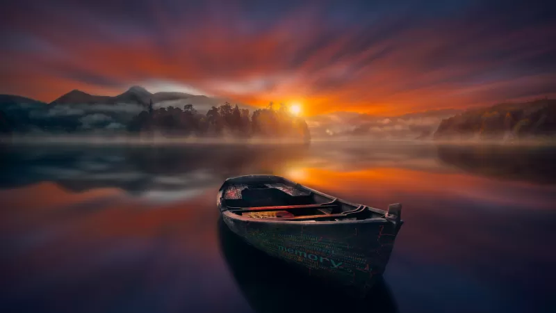 Rowing boat, Misty lake, Fiery sunset, 5K wallpaper