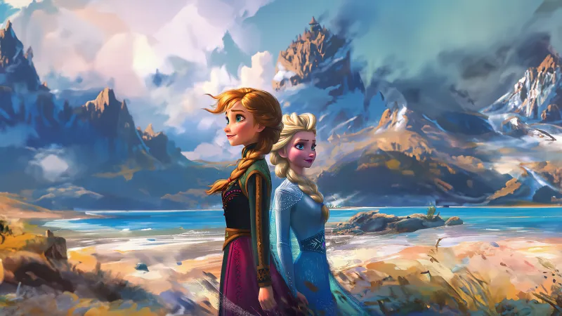 Frozen 4K wallpaper, Artwork, Anna, Elsa, Sisters, AI art
