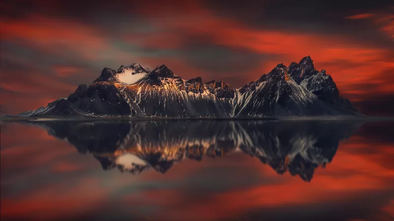 Mountains, Sunset Orange, Lake, Reflection, Scenery, Snow covered, Beautiful, 5K, 8K