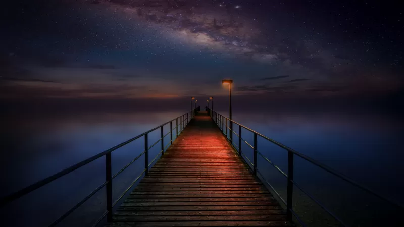 Wooden pier, Night sky, Stars, Galaxy, Milky Way, Seascape, Dark, 5K, 8K