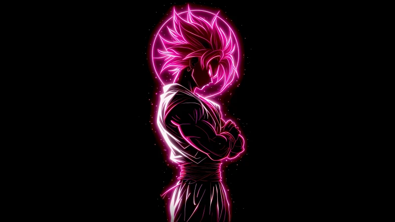 Super Saiyan Rose Goku Black, AMOLED, 5K wallpaper, Dragon Ball, Black background, Pink aesthetic, Neon glow