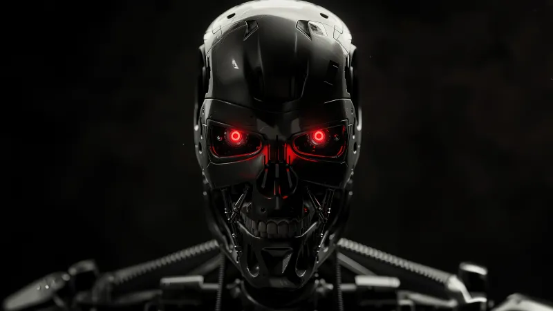 Terminator, Dark background, T-800 Endoskeleton, Red eyes, AI art, 5K wallpaper