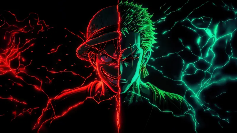 Monkey D. Luffy, Roronoa Zoro, AMOLED Black background 5K, One Piece