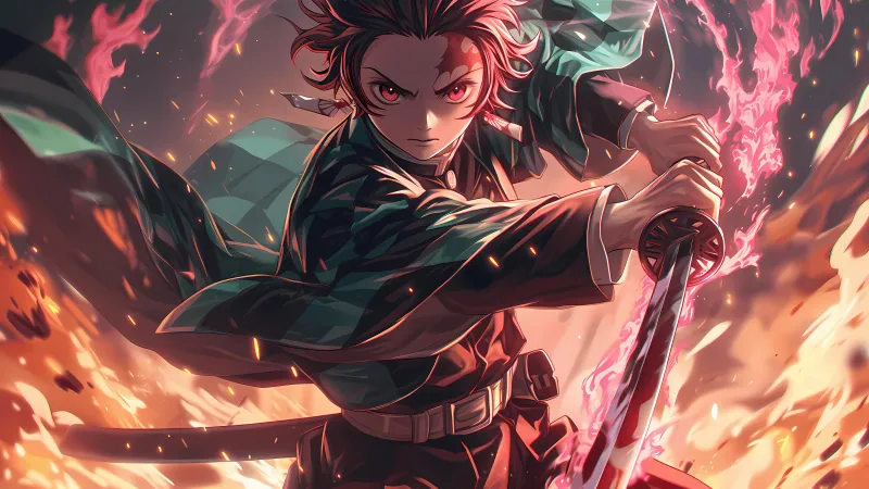 Tanjiro Kamado, Katana, Demon Slayer: Kimetsu no Yaiba, 5K wallpaper, AI art