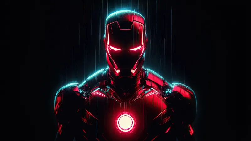 Neon Iron Man, AMOLED 4K wallpaper, Black background, Marvel Superheroes, Neon glow