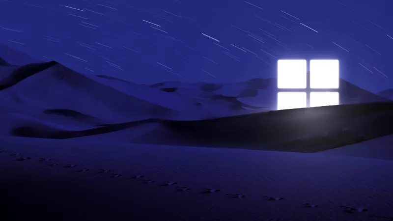 Desert, Night, Blue, Windows logo, Glowing, Star Trails, Illuminated, 5K