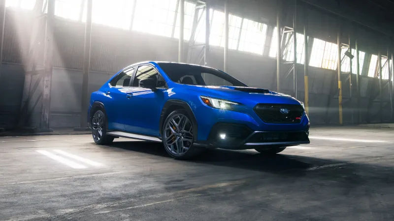 Subaru WRX, Blue sedan, Industrial hall, Sun rays, 2025, 5K wallpaper