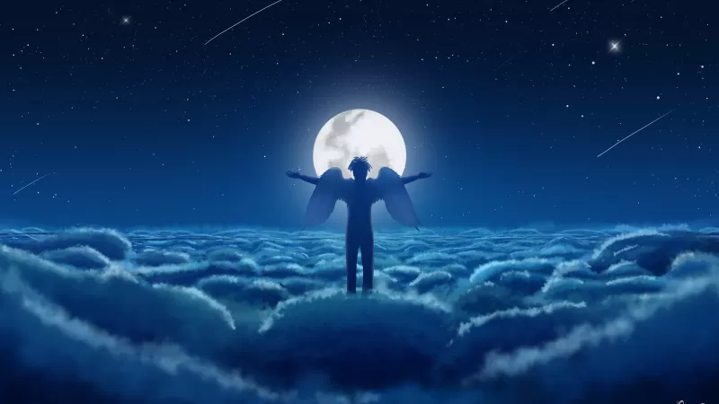 Moon, Above clouds, Dream, Man, Wings, Night, Blue, Moonlight, 5K