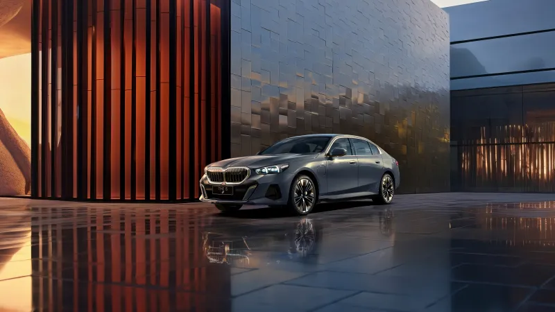 BMW i5, Electric sedan, Glass building reflections, Golden light, 2024, 5K wallpaper