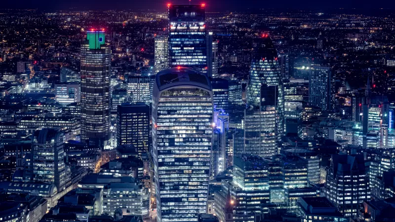 London City, Cityscape, Night lights, Skyscrapers, Tower 42, Gherkin, Heron Tower, Night life, Aerial, 5K, England