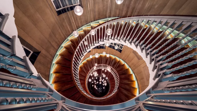 Spiral staircase, Steps, Wooden, Lights, Look Down, Descent, Interior, Curves, Pattern, Aesthetic, 5K, 8K