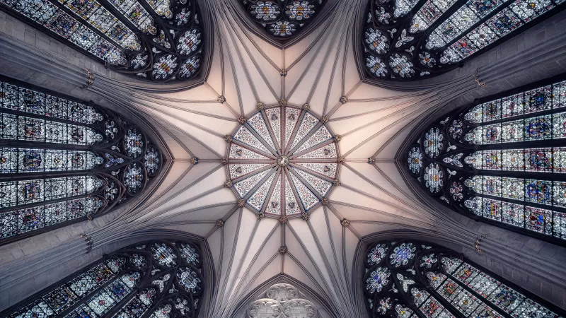 York Minster, United Kingdom, Cathedral, Church, Ancient architecture, Interior, Look up, Symmetrical, Patterns, Serene, 5K, 8K