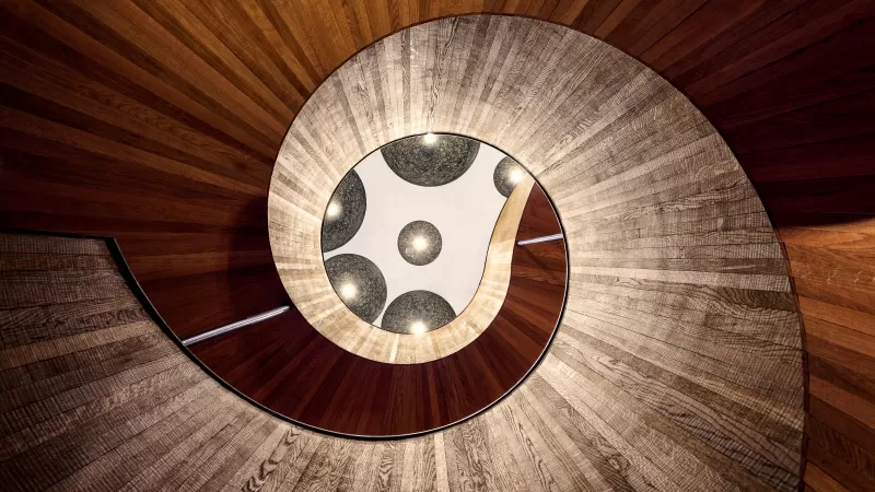 Wooden spiral staircase, Architecture, Curves, 5K wallpaper