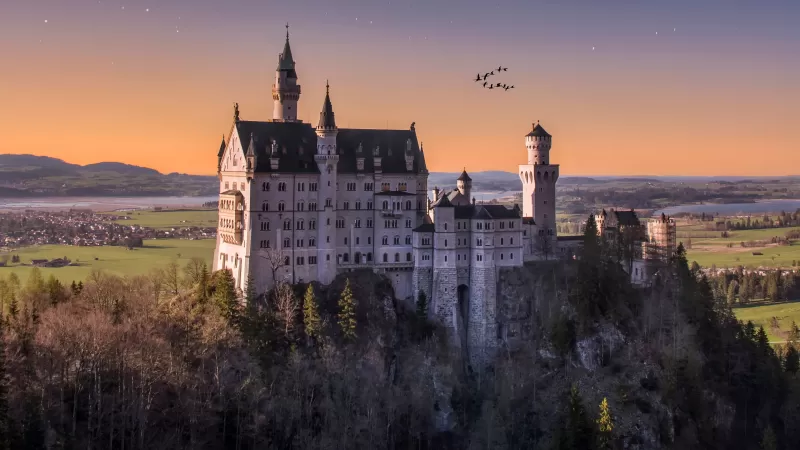 Neuschwanstein Castle, Germany, Landscape, Starry sky, Ancient architecture, Astronomy, Stars, Outer space, 5K