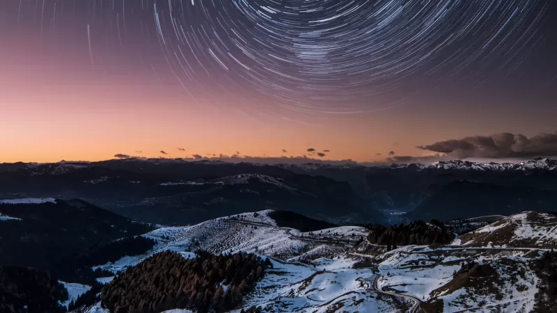 Dolomites, Italy, Mountain range, Snow covered, Mountains, Outer space, Galaxy, Astronomy, Star Trails, 5K