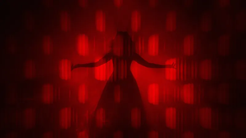 Scarlet Witch, Red background, 5K wallpaper, Silhouette, Dark red