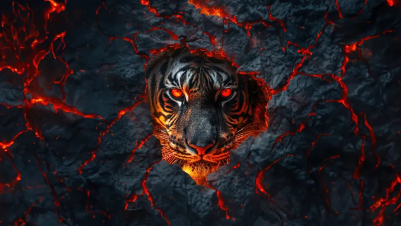 Fire Tiger face, Lava, Closeup, Dark aesthetic, 5K wallpaper