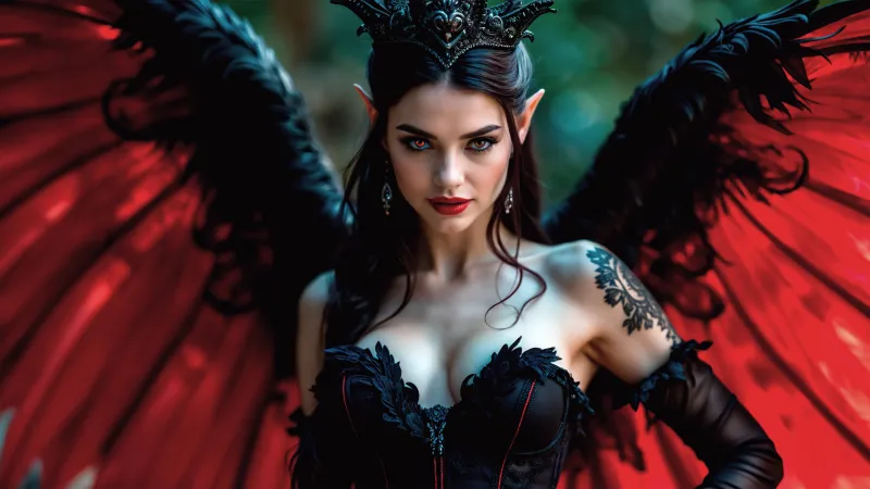 Dark fairy queen wallpaper, Red wings, Gothic, AI art