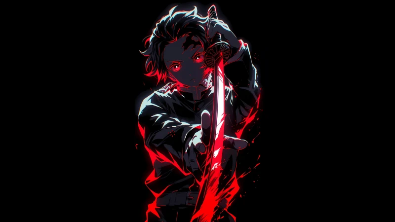 Tanjiro Kamado Sword, Black background 5K, Demon Slayer: Kimetsu no Yaiba