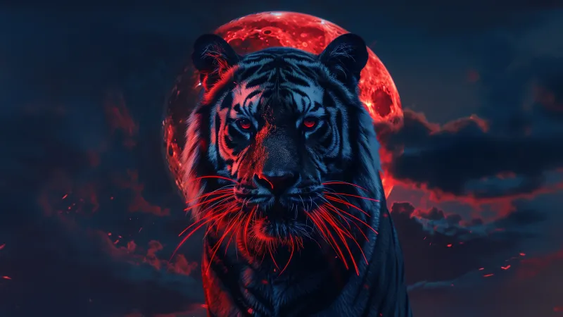 Tiger 5K Wallpaper, Red aesthetic, Red moon, AI art, Closeup Photography