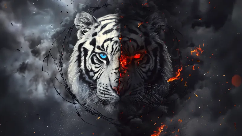 White tiger AI art, 5K wallpaper, Fire effect