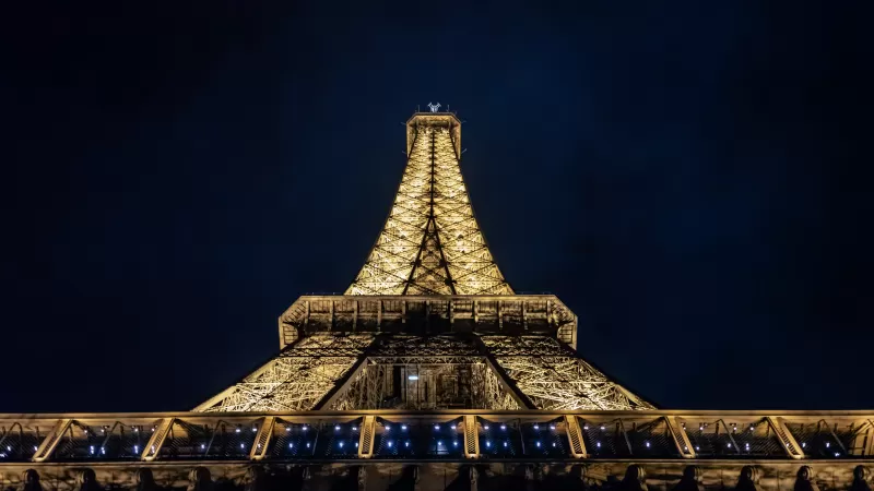 Eiffel Tower, Paris, France, Dark background, Night, Lights, Low Angle Photography, Steel Structure, Iconic, 5K