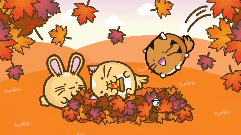 Fuzzballs Autumn, Kawaii cartoon, Autumn foliage, Autumn season, 5K wallpaper