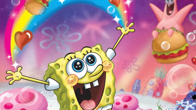 Spongebob Squarepants wallpaper, Patrick Star, Cartoon, Rainbow, Underwater scene